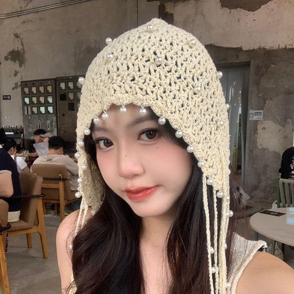Crochet Flower Knit Cap Beanies Ethnic Style Hat Casual Hollow Pearl Tassels Knitted Hat Outdoor