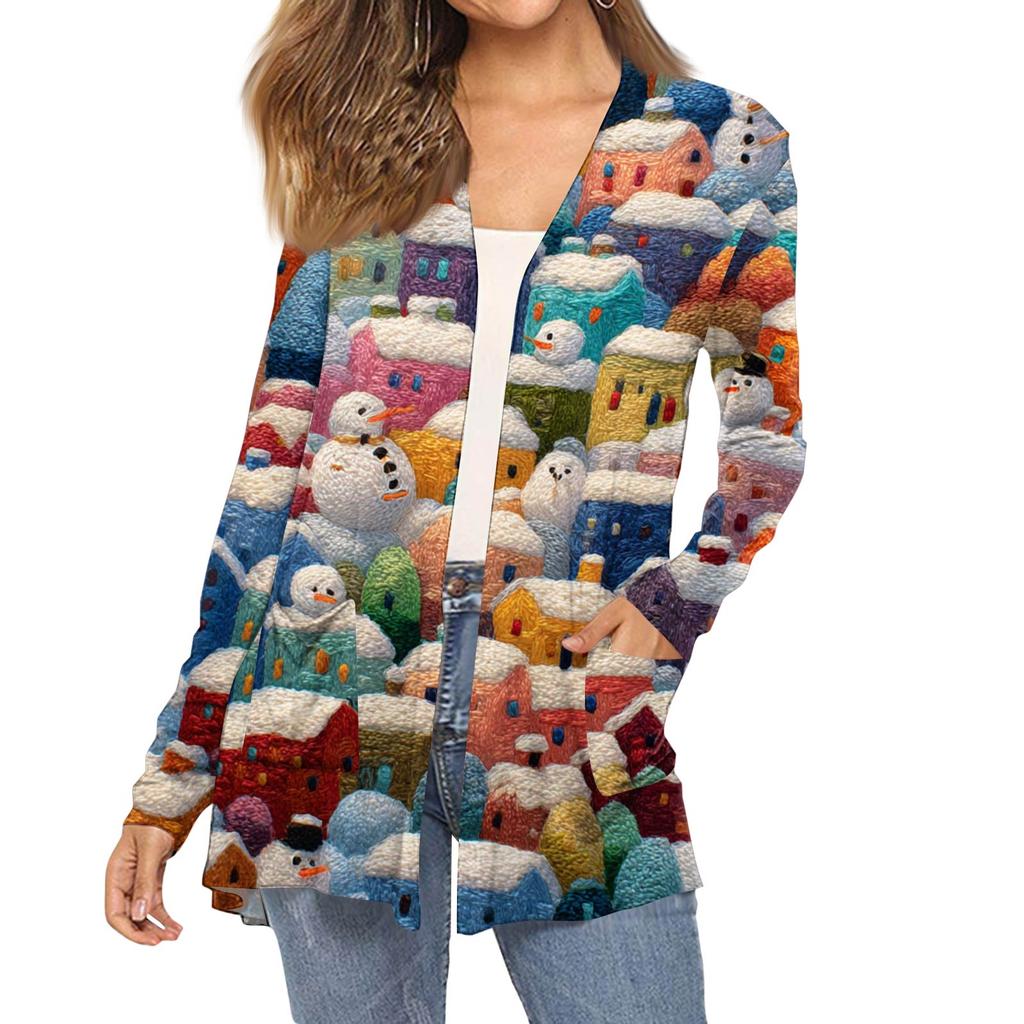 Женский модный кардиган-пальто с длинным рукавом, карманами, приталенного силуэта и рождественским принтом