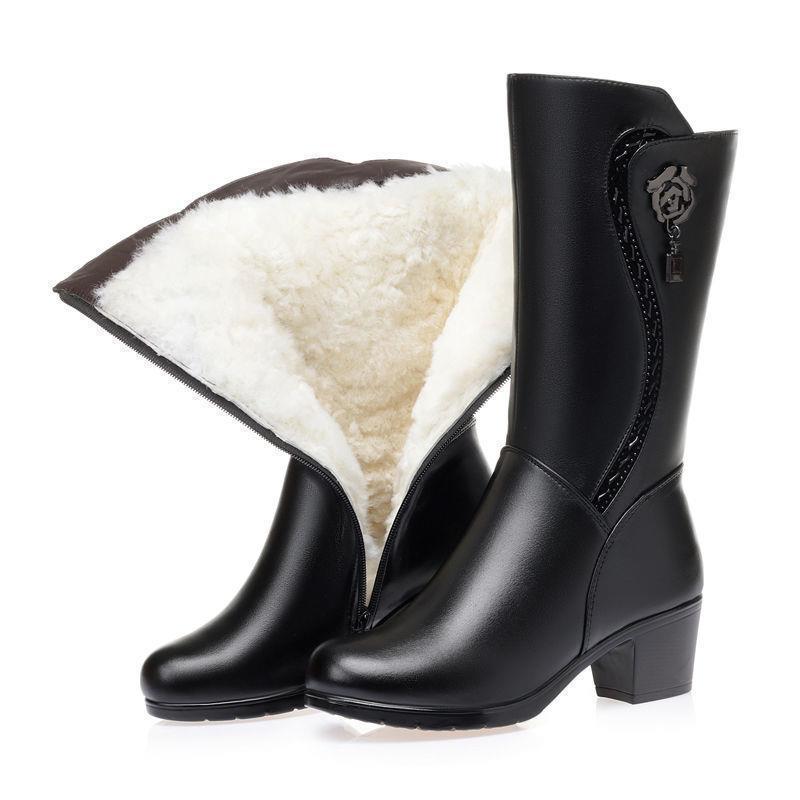 Mid Length Boots for Women's New Mother's Shoes, Cotton Shoes, Thick Heels, Middle-aged Women's Leather Boots, Women's Shoes