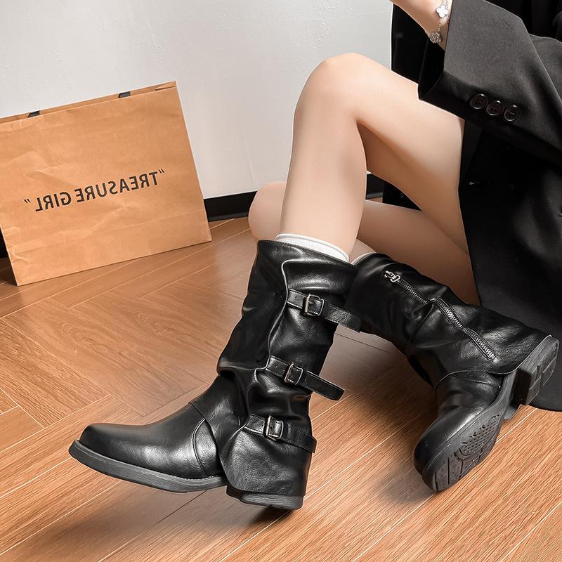 Spot second hair waste land punk pile boots pleated square buckle middle ancient western school side zipper trouser tube boots short boots women