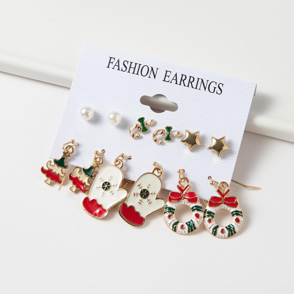 Santa Claus & Christmas Tree Drip Oil Earrings Set - 6 Pieces
