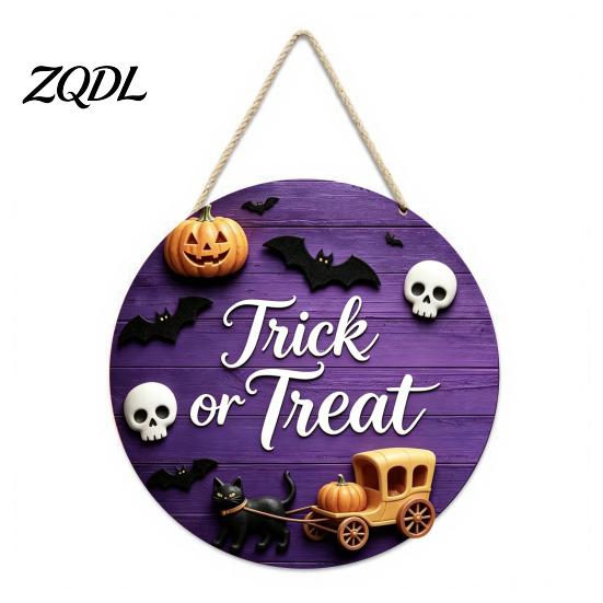 Wall Hanging Props for Halloween Wooden Trick or Treat Door Hanger, Pumpkin Ghost Bat Spider Web Welcome Classic Signs Sign with Jute Rope, Farmhouse