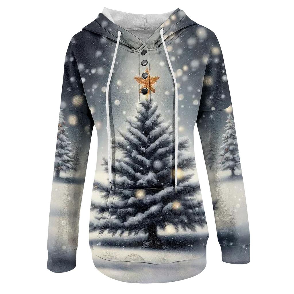 Женская модная толстовка с длинными рукавами и принтом рождественской елки и снежинок