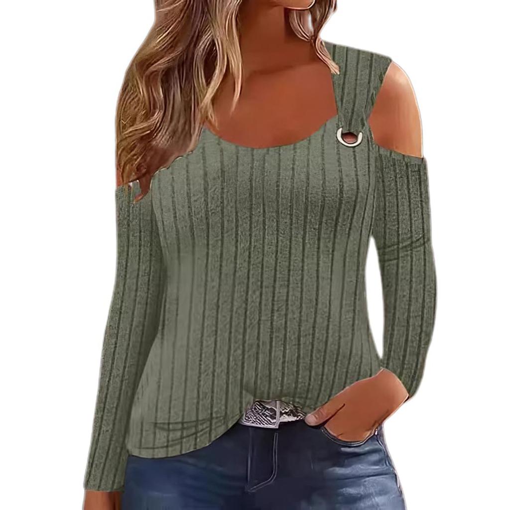 Женская модная повседневная однотонная футболка с V-образным вырезом и металлическими пуговицами в полоску с длинным рукавом