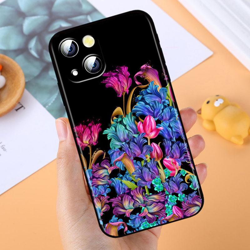 Красочные цветочные листья для Apple iPhone 11 12 13 Max Mini 7 8 X XR XS Pro Plus черный роскошный силиконовый мягкий чехол для телефона