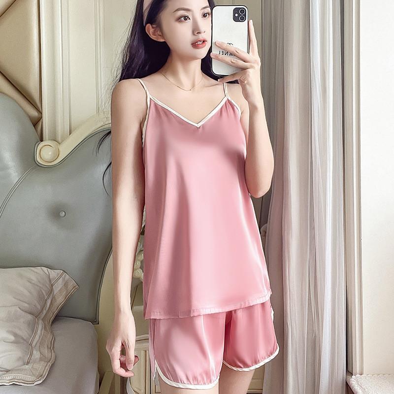 Ladies Silk Sleepwear Set With Vneck Sleeveless Pajamas And Shorts For Home And Lounge