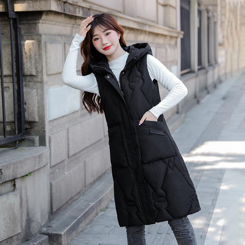 Winter new medium and long hooded down cotton vest women's loose versatile hooded vest vest vest jacket