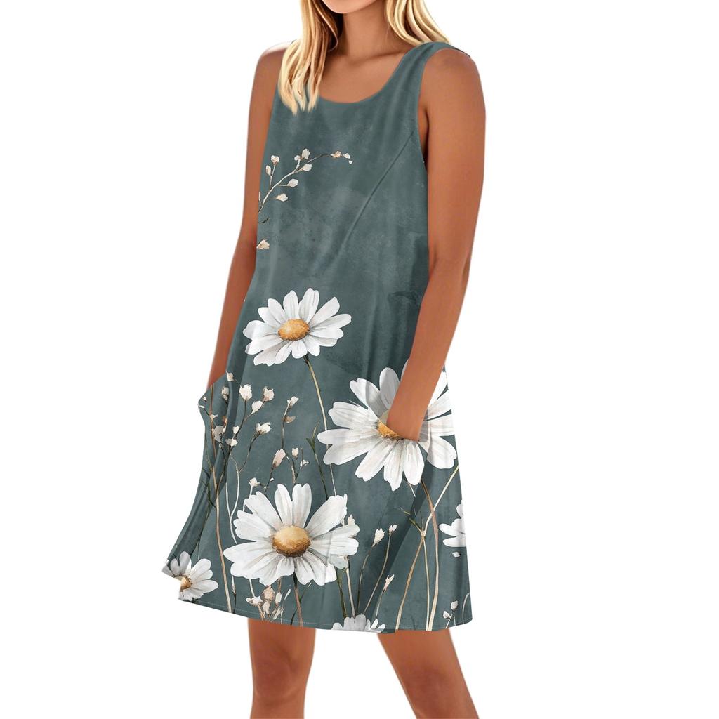 Женское повседневное и модное платье средней длины с круглым вырезом и без рукавов с принтом