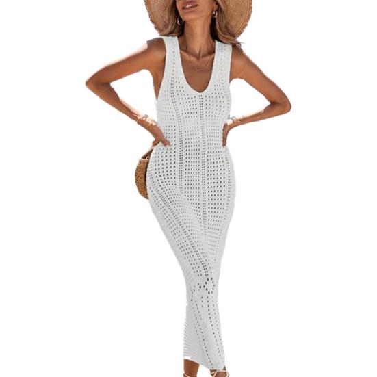 Women Beach Cover Up Sundress V Neck Crochet Hollow Out Maxi Dress Knitted Adjustable Straps Sun Protection Beachwear