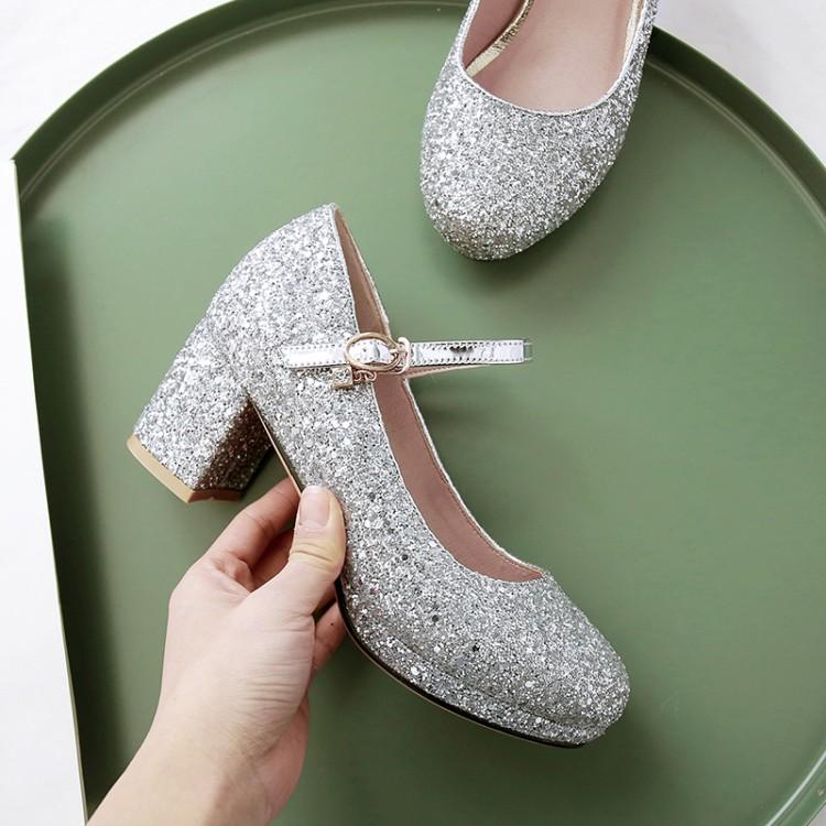 Women Glitter Golden Pumps Chunky Block Heels Platform Mary Jane Sequined Silver Shoes Woman Wedding Party 43
