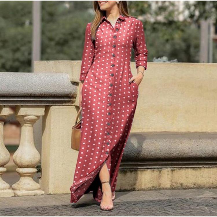 GMXIA Женская мода лето весна сплошной цвет печати с длинным рукавом ПОЛО шеи свободные повседневные платья на пуговицах