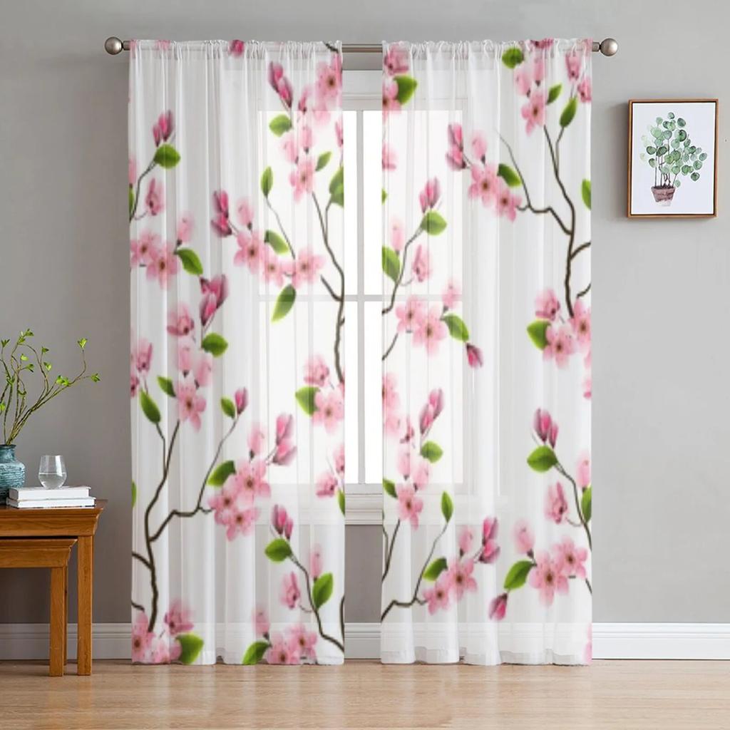 Beautiful Blooming Branches Tulle Window Curtain For Living Room Bedroom Voile Sheer Curtains Kitchen Treatments Drapes