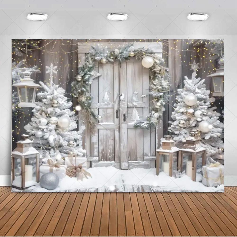 White Christmas Snow Scenery Background Xmas Tree Garland Gifts Photography Backdrop Family Xmas Party Decoration Photo Studio