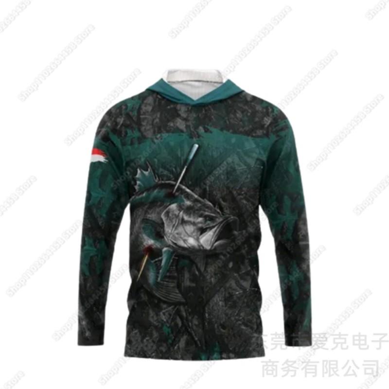Mens Quick-Dry Long Sleeve Hooded Fishing Shirt UV Protection Outdoor Sportswear Spring Summer