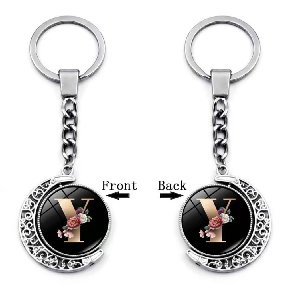Alphabet Letter Keychain Pendant with Decorative Floral Print and Metal Chain for Bag Purse Car Key Holder Accessory Gift