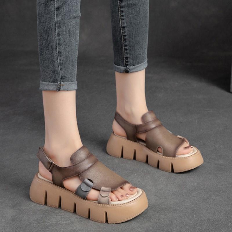 Johnature Genuine Leather Casual Thick Sole Peep Toe Sandals Hollow Breathable Women's Platform Shoes