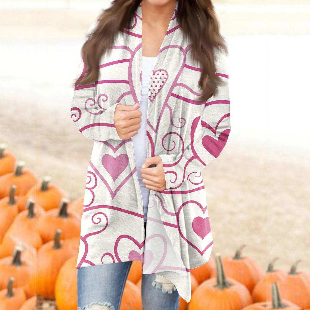 Женский повседневный кардиган с длинными рукавами и принтом ко Дню святого Валентина без карманов, верхнее пальто