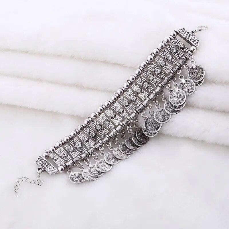 Винтажные массивные браслеты с кисточками для монет, модные металлические браслеты ручной работы с кристаллами и стразами, регулируемый этнический браслет