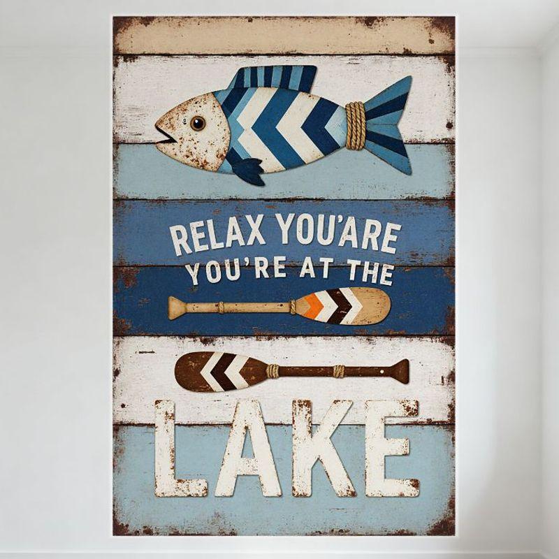 DORA Tin Sign Rustic Weathered Lake Sign with Fish Oars Tin Sign Blue White Wooden Plank Metal Wall Decor for Bar Pub Home Cafe Relax You