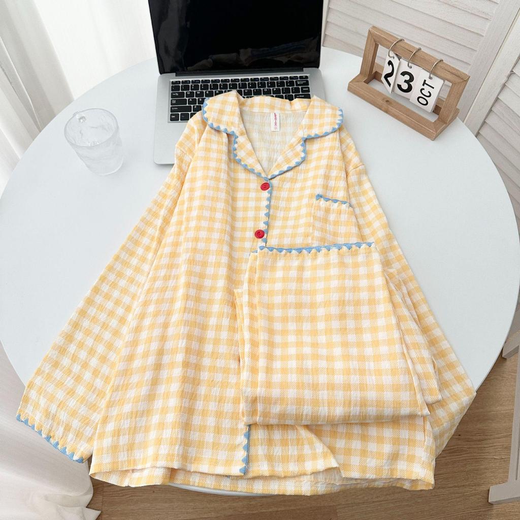 Женский пижамный комплект из облачного хлопка в желтую клетку с отделкой по краю в виде ракушек - С длинным рукавом, для дома на весну/осень, с ощущением высокого качества.