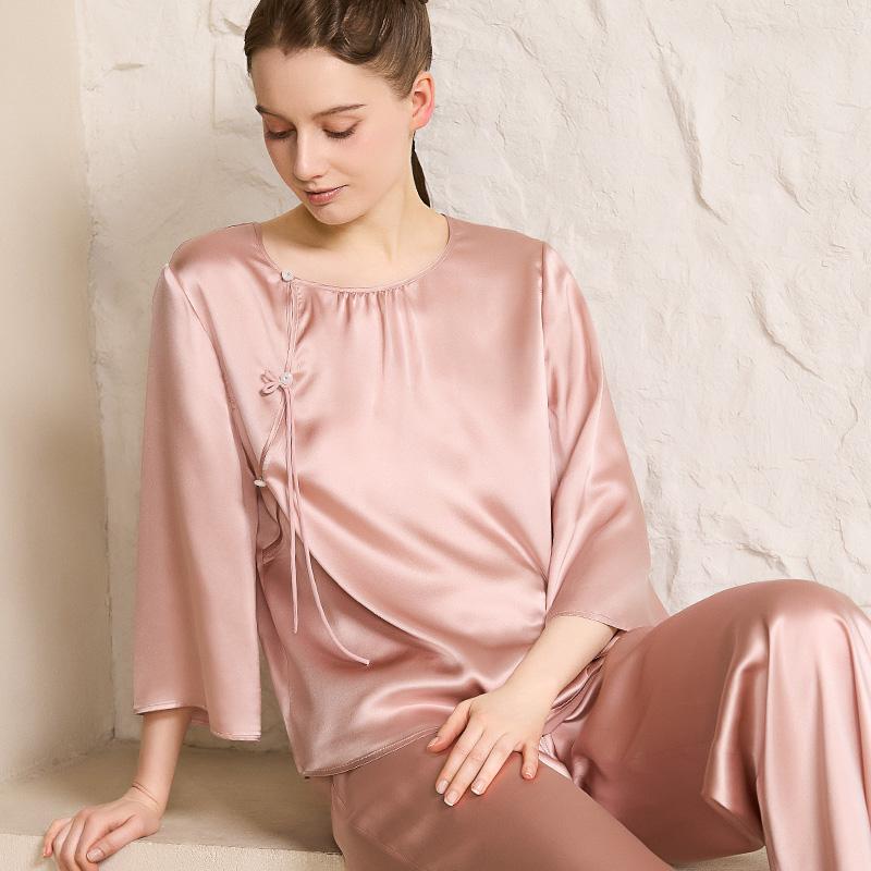 100% Mulberry Silk Simple Chinese Style Buckle Home Suit Set for Women