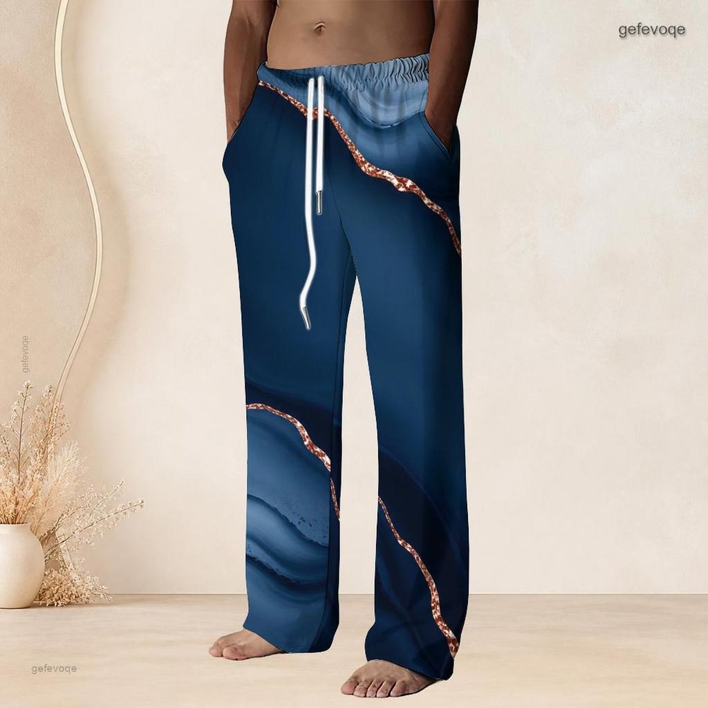 Men s Plus Size Drawstring Waist Blue Gold Marble Print Straight Leg Full Length Beach Pants