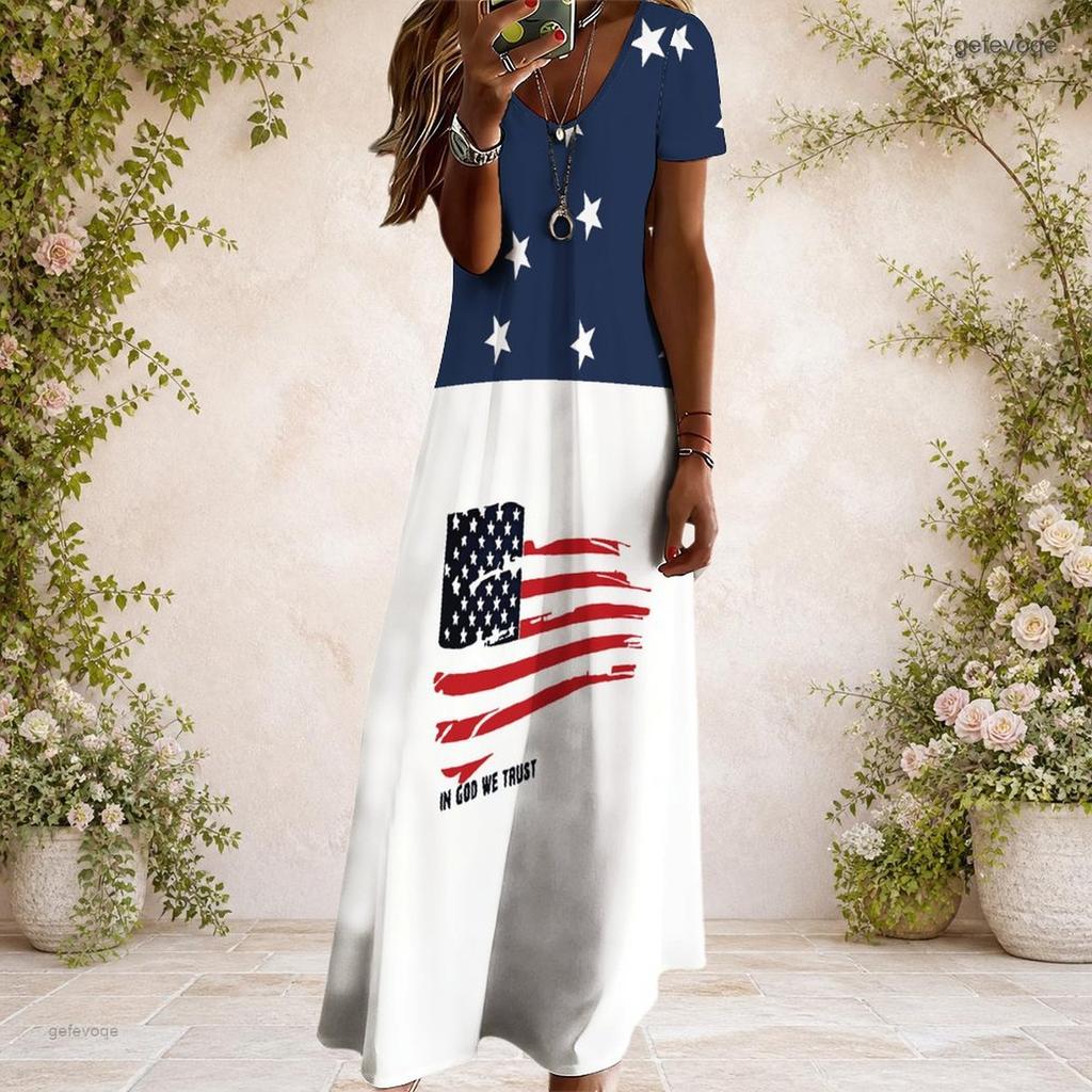 Women Plus Size V Neck Short Sleeve Printed Navy Blue Straight Long Maxi Dress
