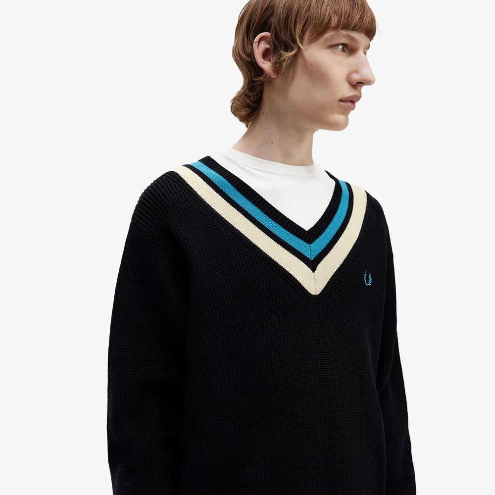Fred Perry [Острая] полосатая отделка V-образный вырез вязаный свитер (102) Afpm2336523-102