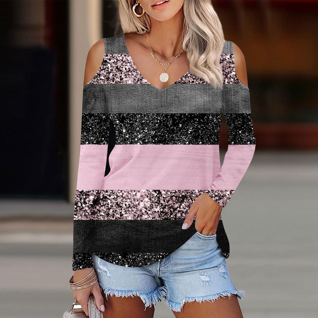 Женская рубашка, блузка, модные повседневные топы с v-образным вырезом и принтом, сексуальные топы с длинными рукавами и открытыми плечами