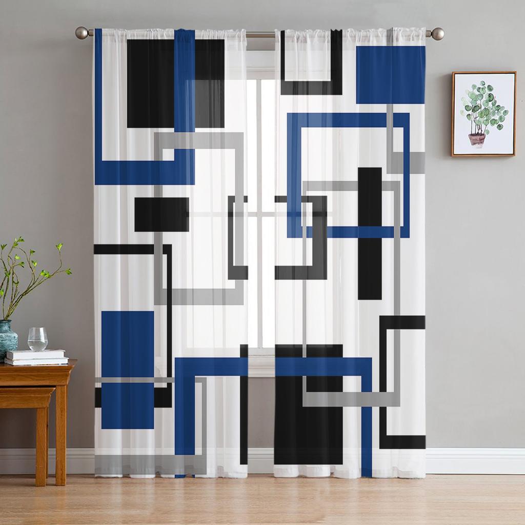 Abstract Geometric Squares Art Black Red Sheer Curtain Living Room Printed Tulle Window Curtain Luxury Home Balcony Decor Drapes