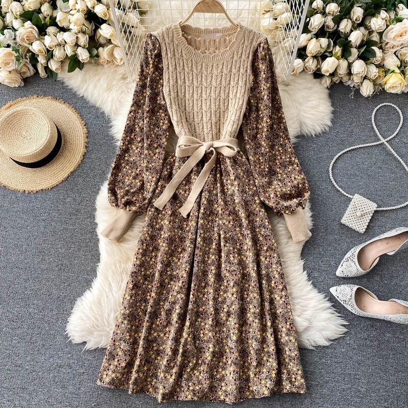 Платья Вельветовые Винтажные Женские Цветочные Вязаные Пэчворк Vestidos De Mujer Милое Корейское Длинное Платье А-силуэта