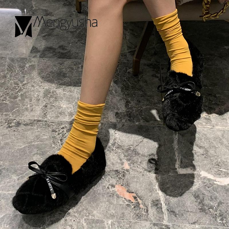 Fashion Winter Plaid Fur Flats Women Pu Butterfly-knot Cotton Shoes Woman Fairy Fleeces Loafers Comfy Plush Fluffy Moccasins Female