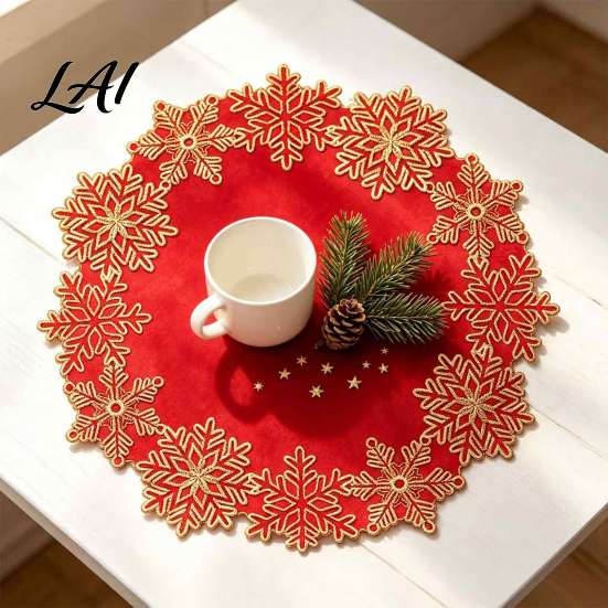 Table Mats for Candlesticks Christmas Embroidered Placemat Red And Gold Snowflake Durable Polyester Placemats Mat Heat Resistant Decorative