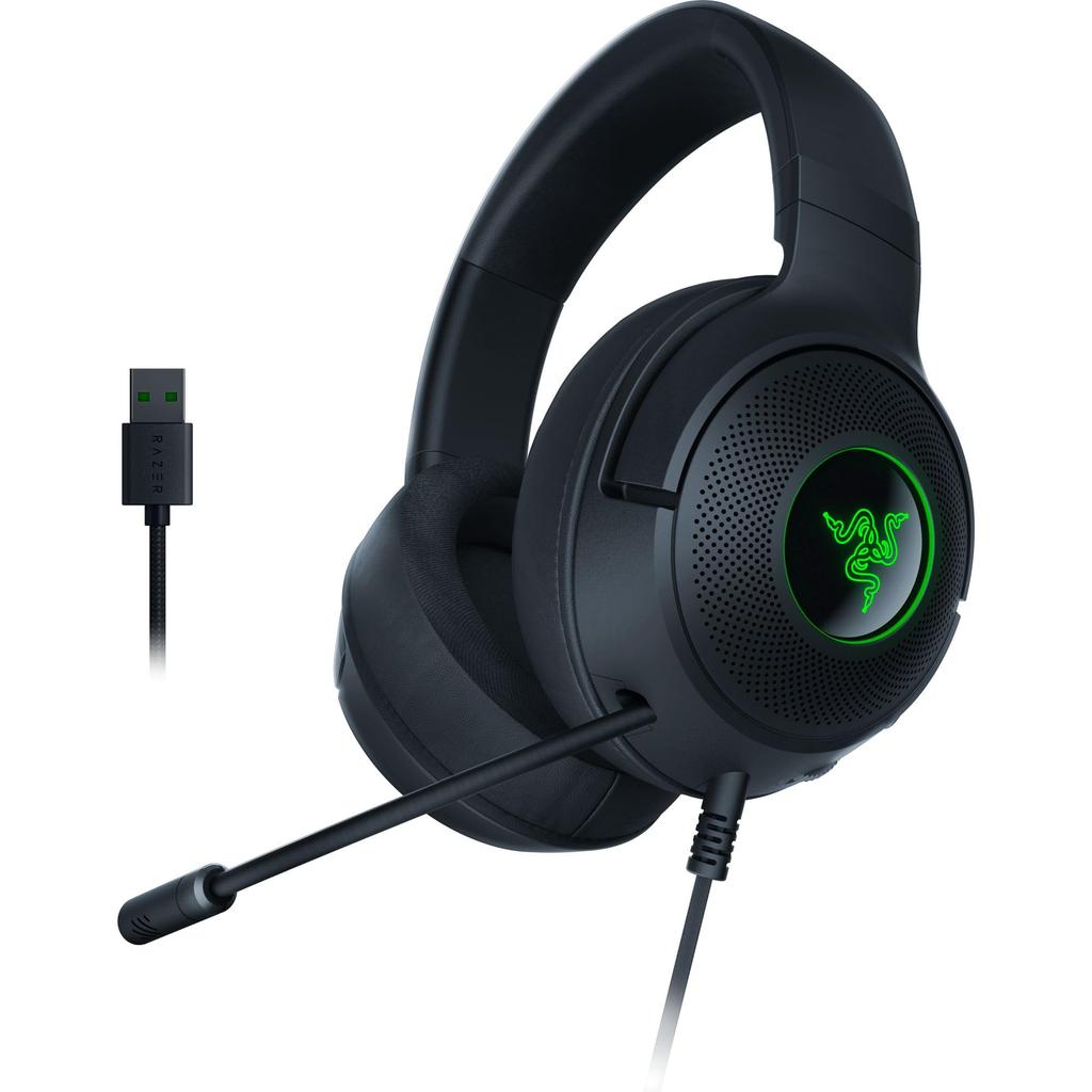 Razer Kraken V3 X Wired USB Gaming Lightweight Construction Triforce 40mm Drivers Hyperclear Cardioid Mic Surround Sound Chroma RGB Lighting Black
