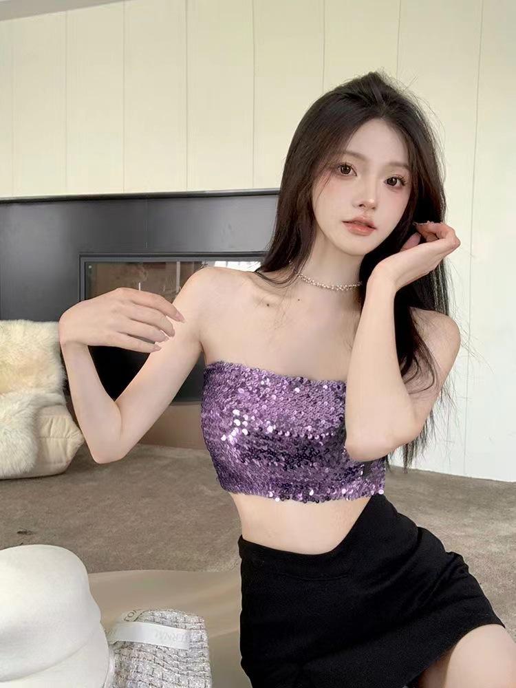 Летний женский топ-жилет с открытыми плечами, пайетками, открытой спиной и без бретелей