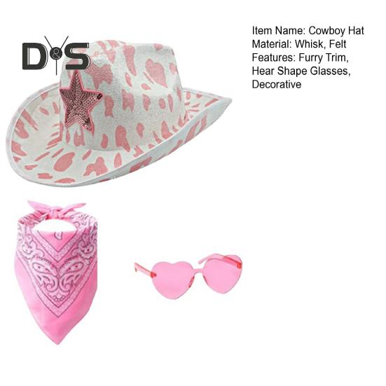 3 шт./компл. ковбойская шляпа, женская розовая фетровая шляпа в стиле вестерн, ковбойская шляпа с банданой, очки, аксессуары, головной убор