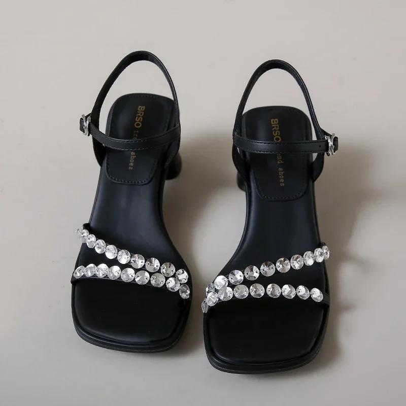 Fashion Shiny Crystal Slippers Women's Luxury Rhinestone Mid Heel Sandals Womens Boho Silver Strange Heel Lace Up Summer Shoes Size34-40