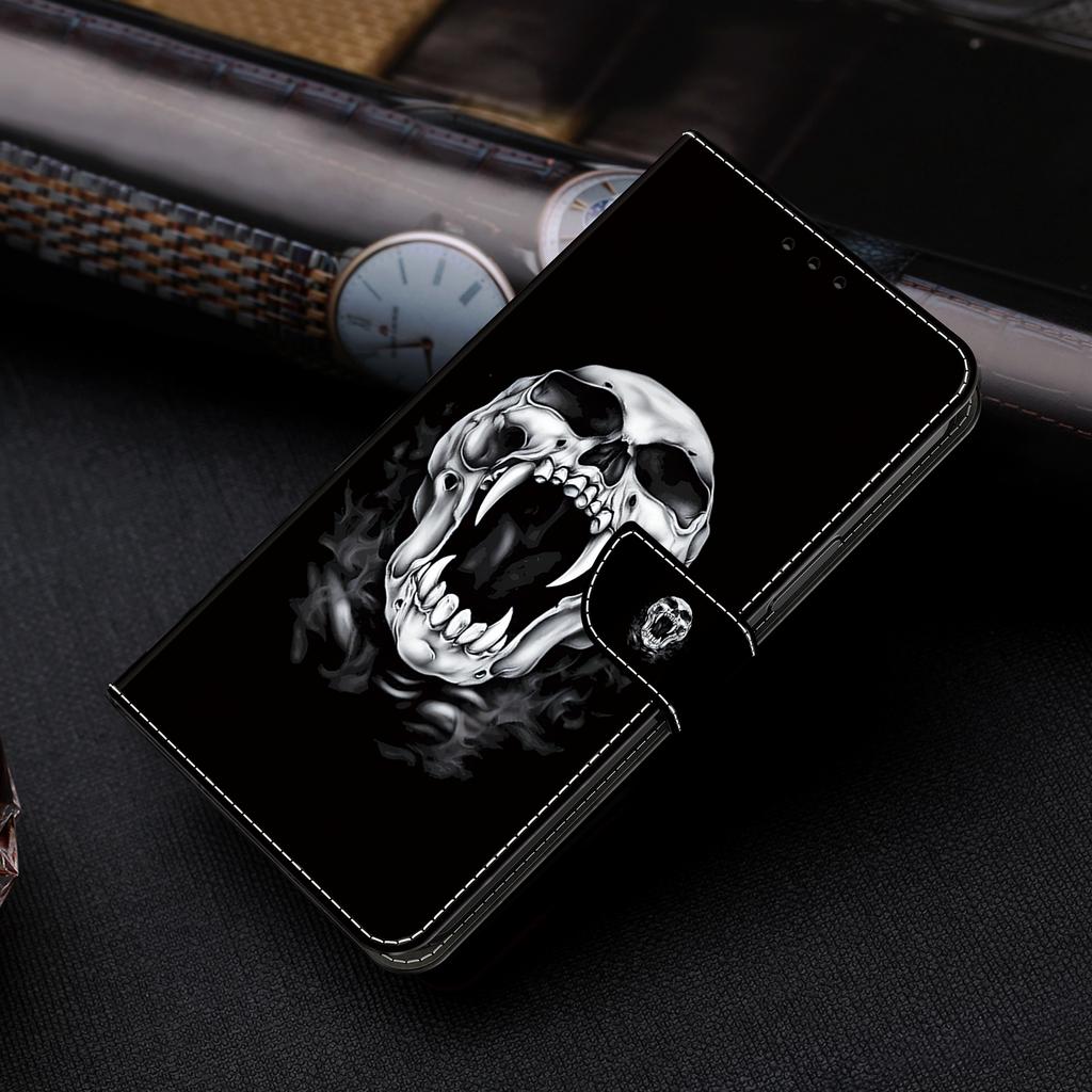 Fangs Skull Head Pattern PU Leather Wallet Flip Photo Frame Book Case for iPhone Samsung Huawei Honor Xiaomi Redmi Oppo Sony Motorola Nokia Google