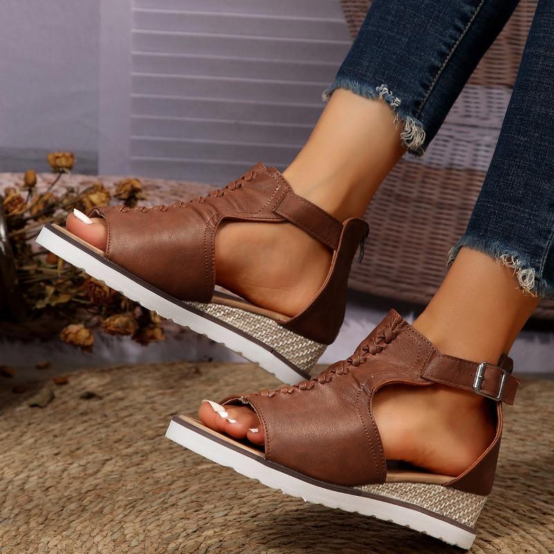 Fashion Beige High Heel Sandals Comfortable Women's Cork Wedge Buckle Medium Open Toe Black Handmade Girls Thick Sole