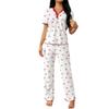 Spring and Autumn Women's Wide-Leg Print Pajama Set: Comfortable Short Sleeve Top and Long Pants for Indoor/Outdoor Wear.
