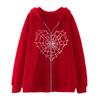 Spider Web Print Hooded Sweatshirt Women Loose Fit Zip-Up Casual Streetwear Oversized Pullover