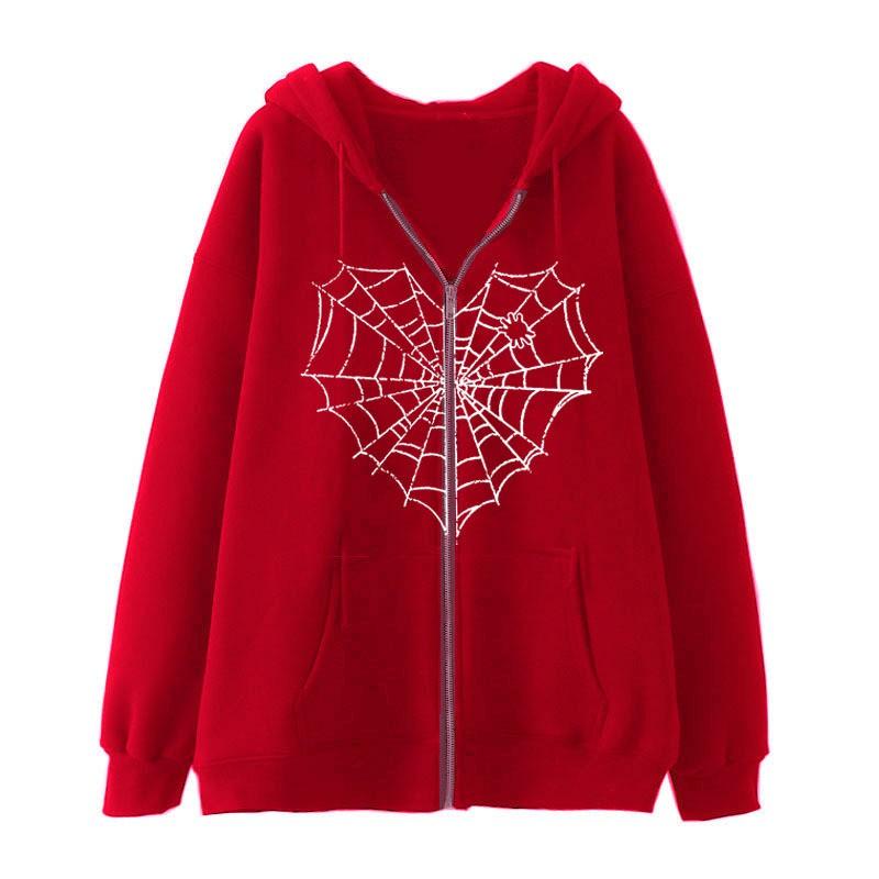 Spider Web Print Hooded Sweatshirt Women Loose Fit Zip-Up Casual Streetwear Oversized Pullover