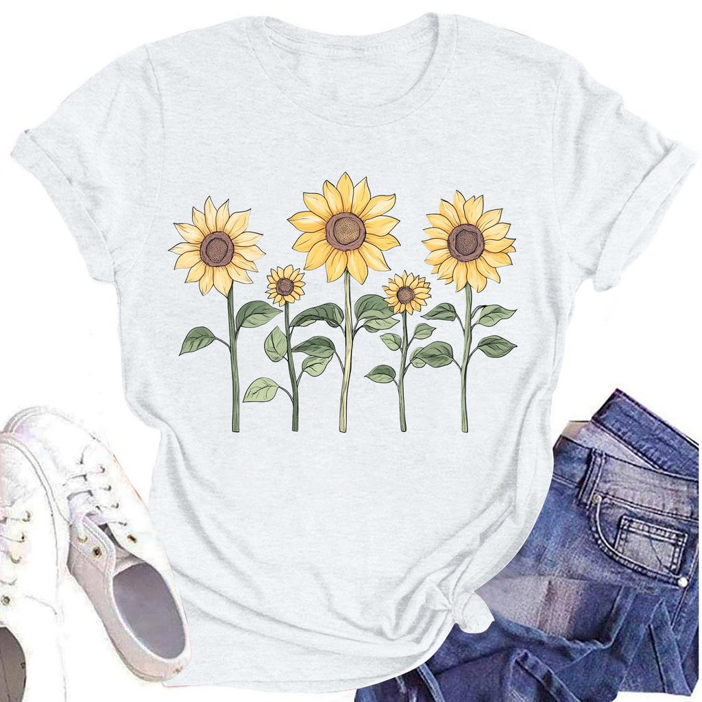 Женская повседневная футболка с круглым вырезом и цветочным принтом, короткий рукав