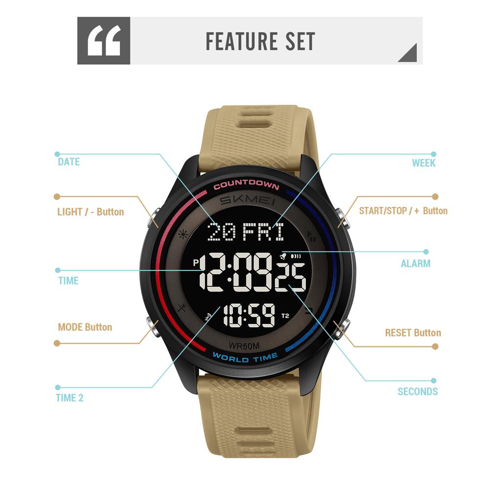 Цифровые часы SKMEI 2348 для мужчин и женщин с подсветкой, водонепроницаемость 50 м, мировое время, ежедневный будильник