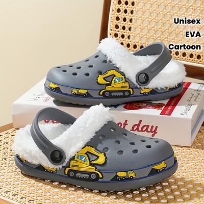 Флисовые EVA клоги с мультяшным дизайном строительной техники - Теплая зимняя обувь-шлепанцы для осени и зимы, обувь для холодной погоды
