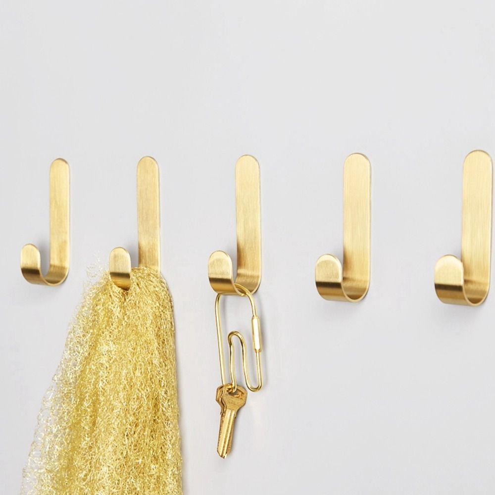 Sticky Brass Wall Hook Gold J Shaped Towel Hanger Furniture Hardware for Kitchen Bathroom