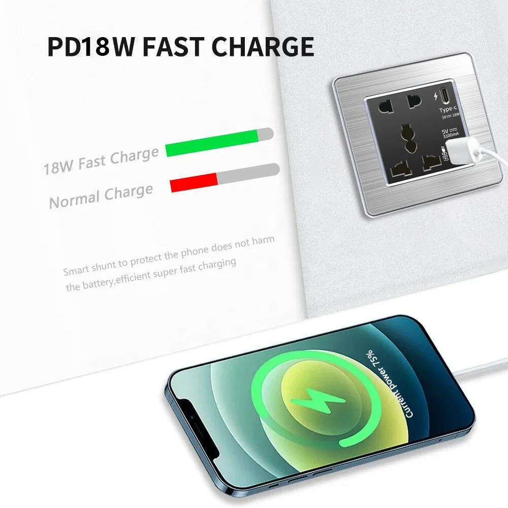 Luxury Brushed Stainless Steel Wall Light Switch,Universal 5pin 18W Type-C Quick Charging outlet,UK Standard Dual USB Socket