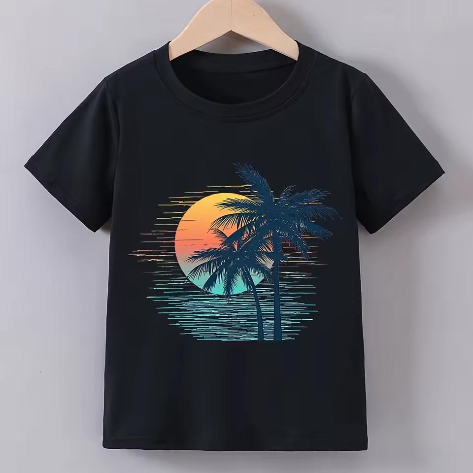 Boys' Summer Short-Sleeve T-Shirt with A 'Sunset Palm Trees Beach' Print Comfortable and Soft Breathable Fashion Men's Clothing