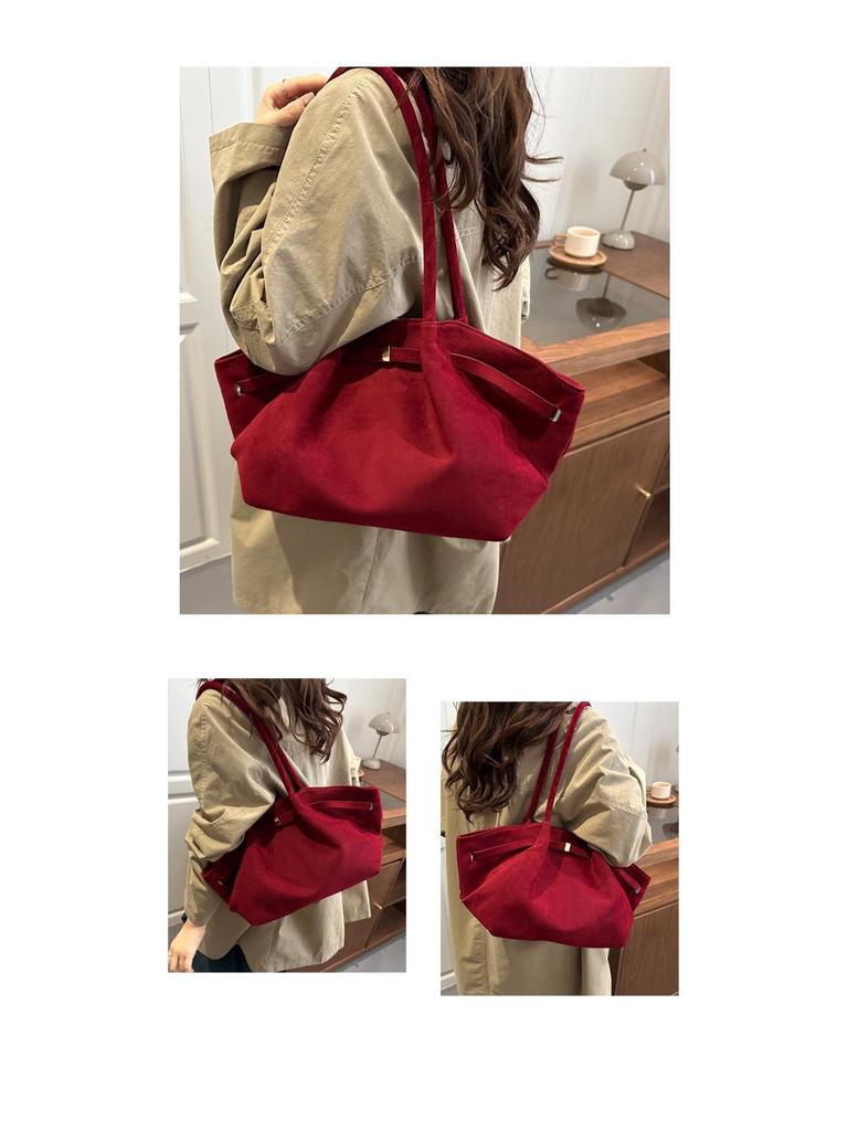 Women's Suede Pleated Tote Bag - Large Capacity, Retro Korean Style Shoulder Handbag for Autumn/Winter 2025