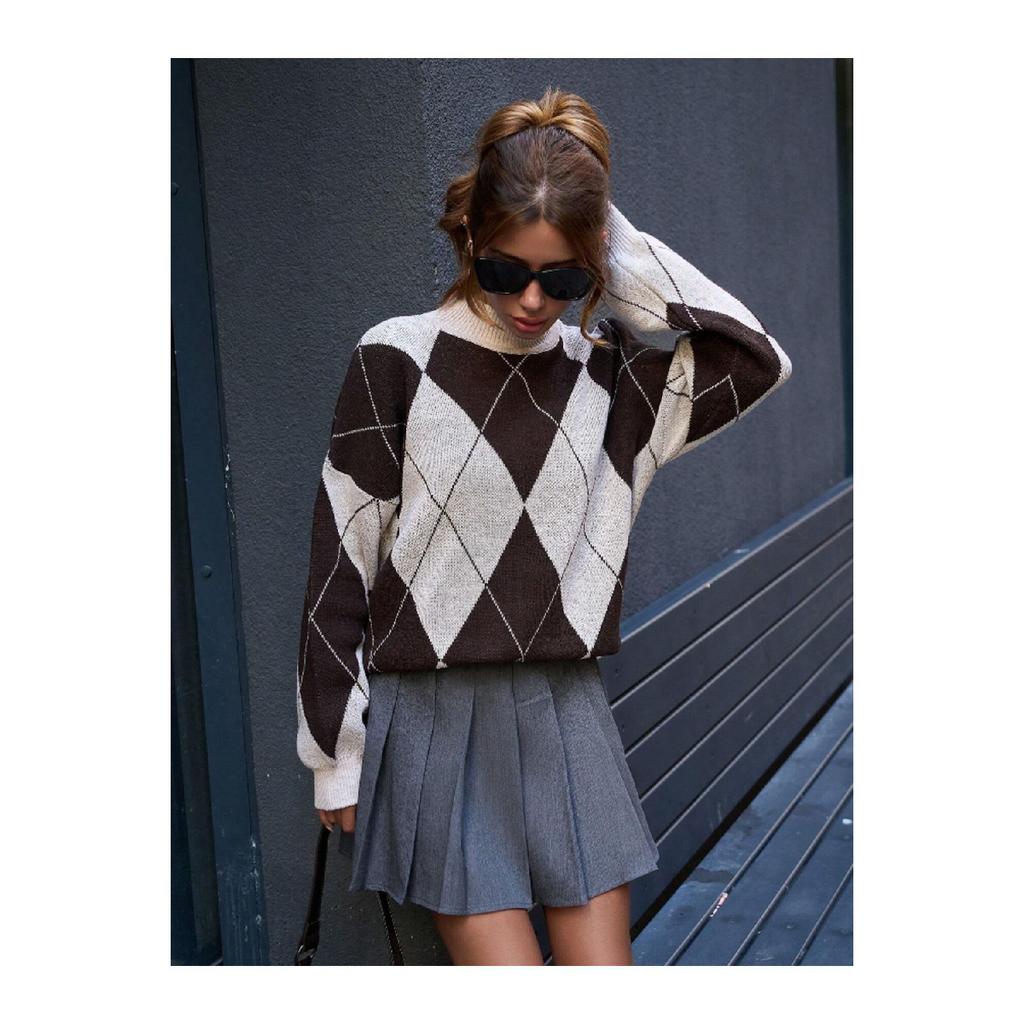 Women's Diamond Patterned Black High Collar Knitwear Sweater